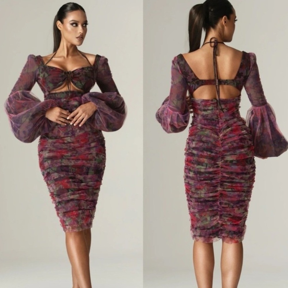 Aliava NWT Bianca Cutout Ruched Midi Floral Print Dress Size Large